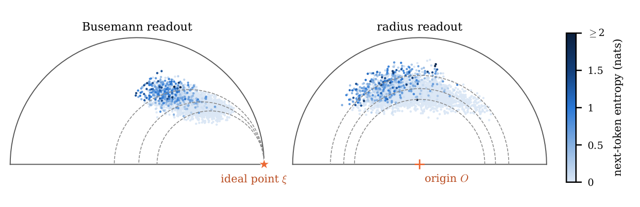Hidden states of the development model embedded in the Poincaré disk by the two probes. Confident states, in light blue, lie on smaller horospheres of the ideal point and nearer the origin; hesitant states, in dark blue, lie farther out.